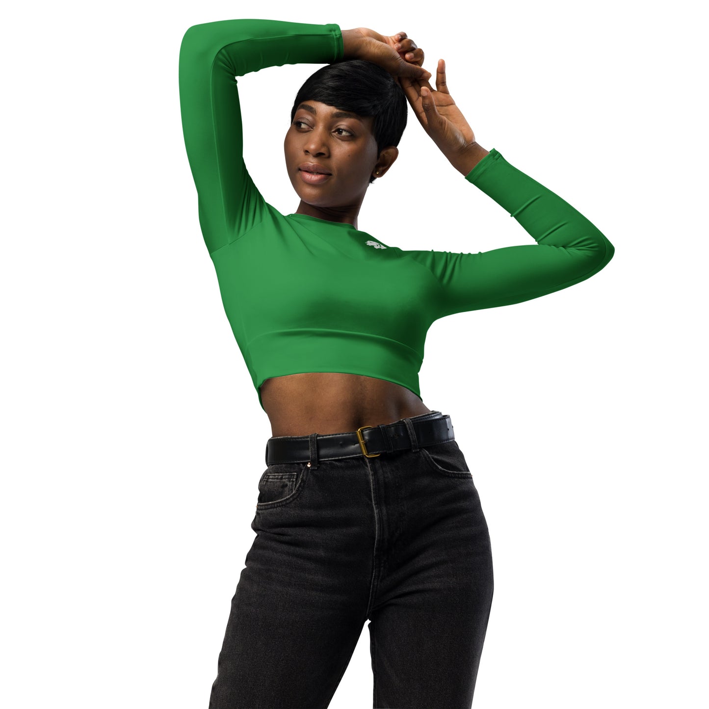 0103 Long-Sleeve Crop Top, Solid Green, 02