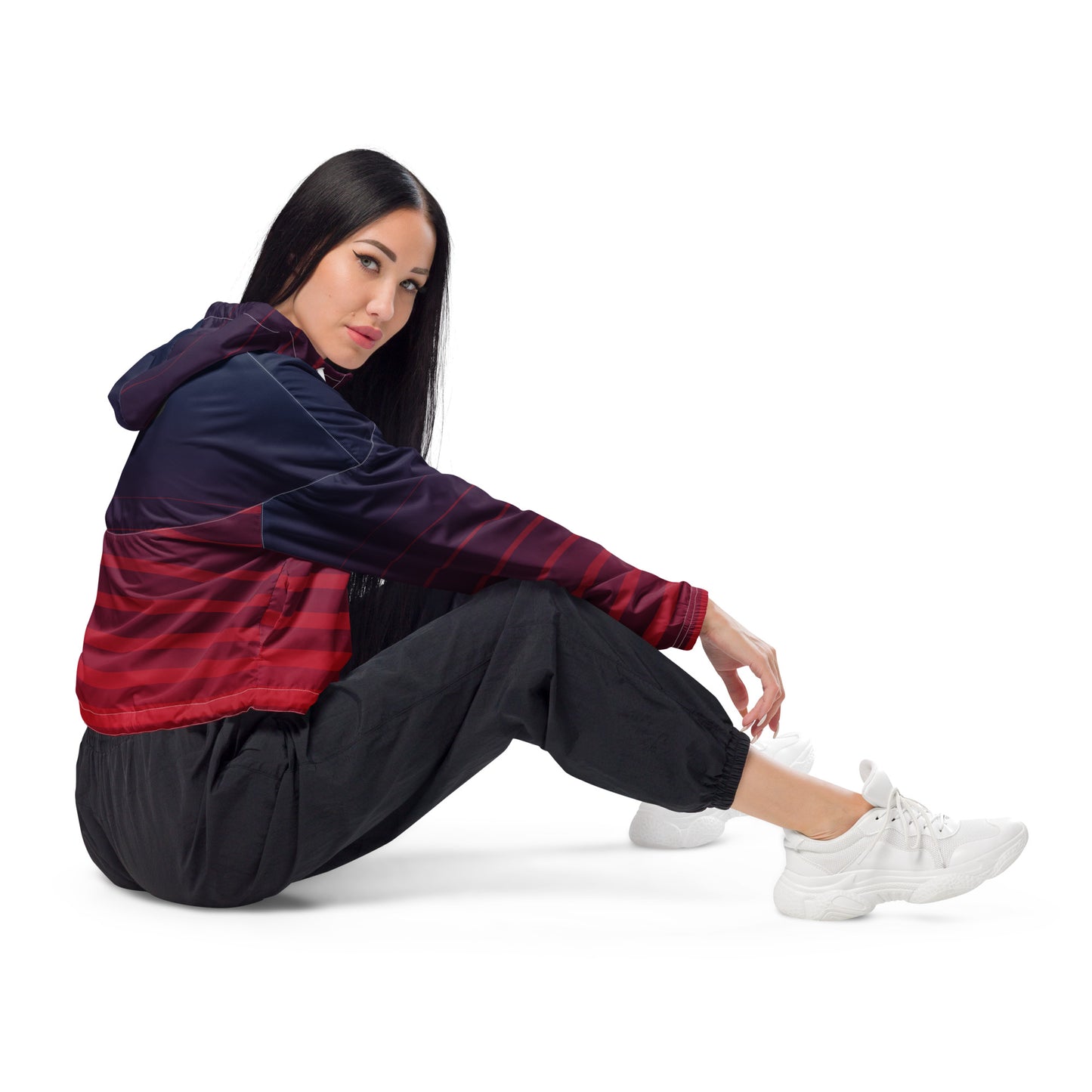 0604 Women’s Cropped Windbreaker, Stripes Red to Blue, 02