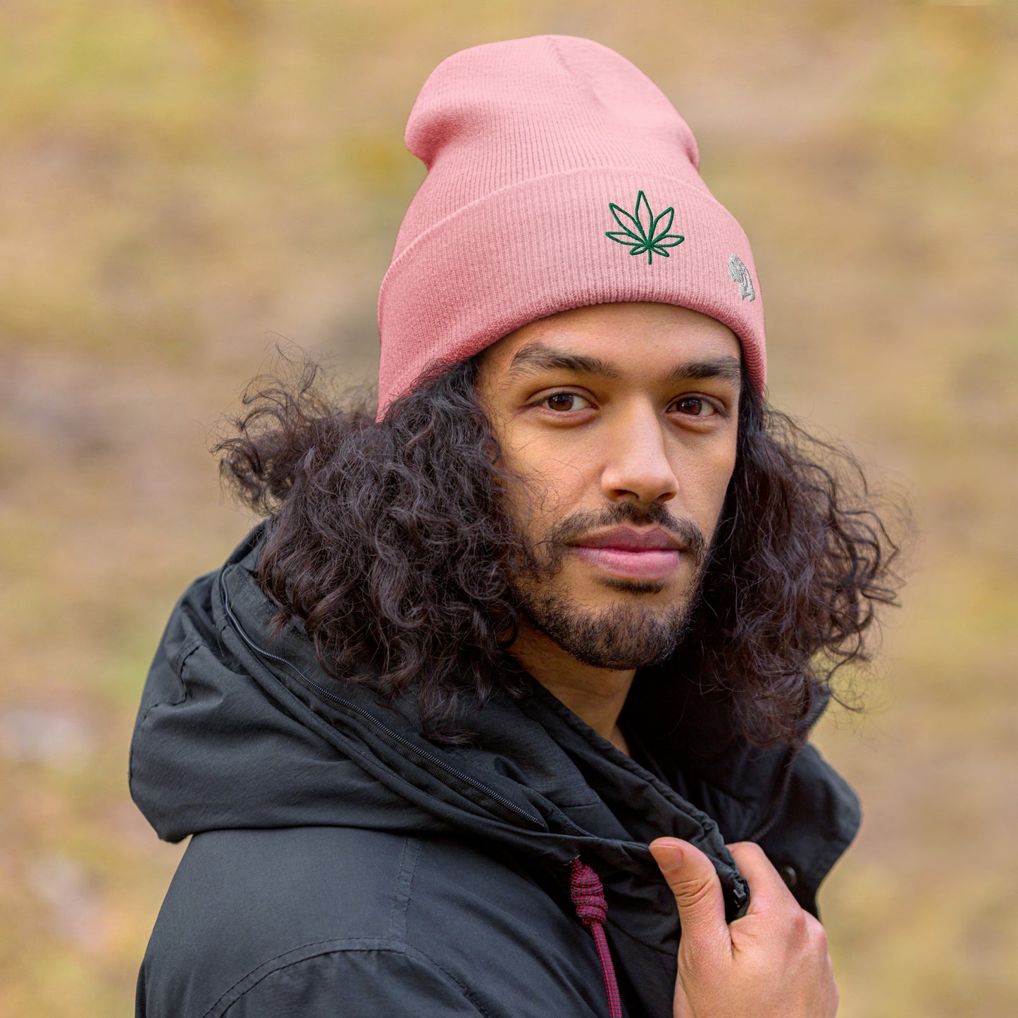 0801c Cuffed Beanie, Earth - Cannabis Marijuana Leaf