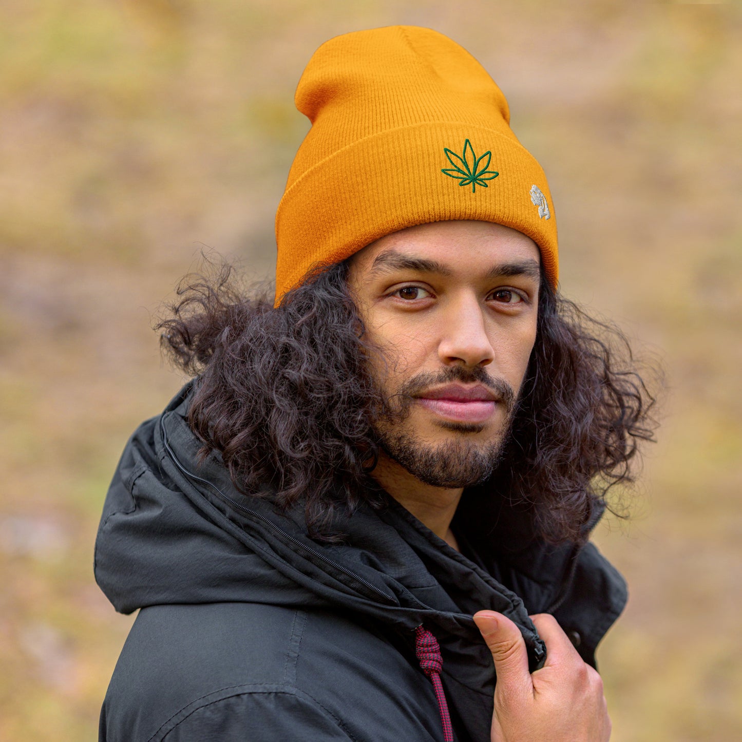 0801c Cuffed Beanie, Earth - Cannabis Marijuana Leaf