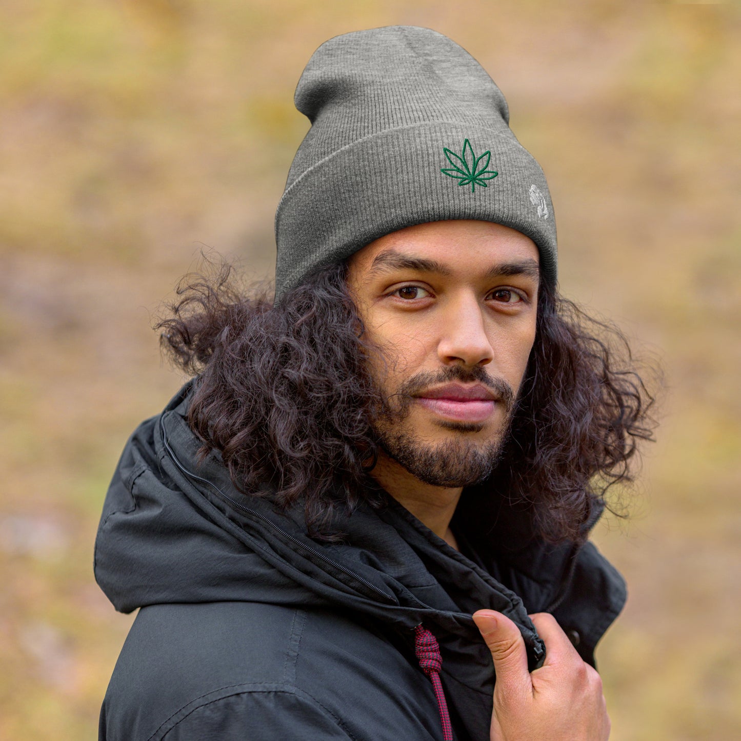 0801c Cuffed Beanie, Earth - Cannabis Marijuana Leaf