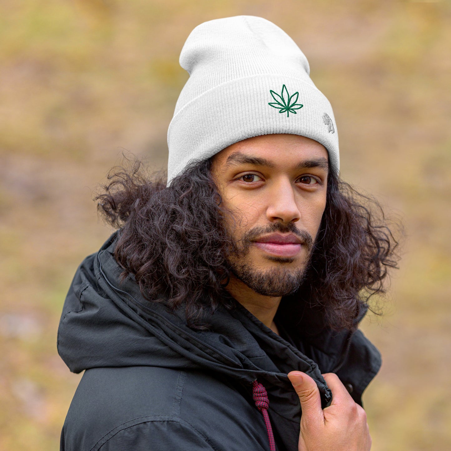 0801c Cuffed Beanie, Earth - Cannabis Marijuana Leaf